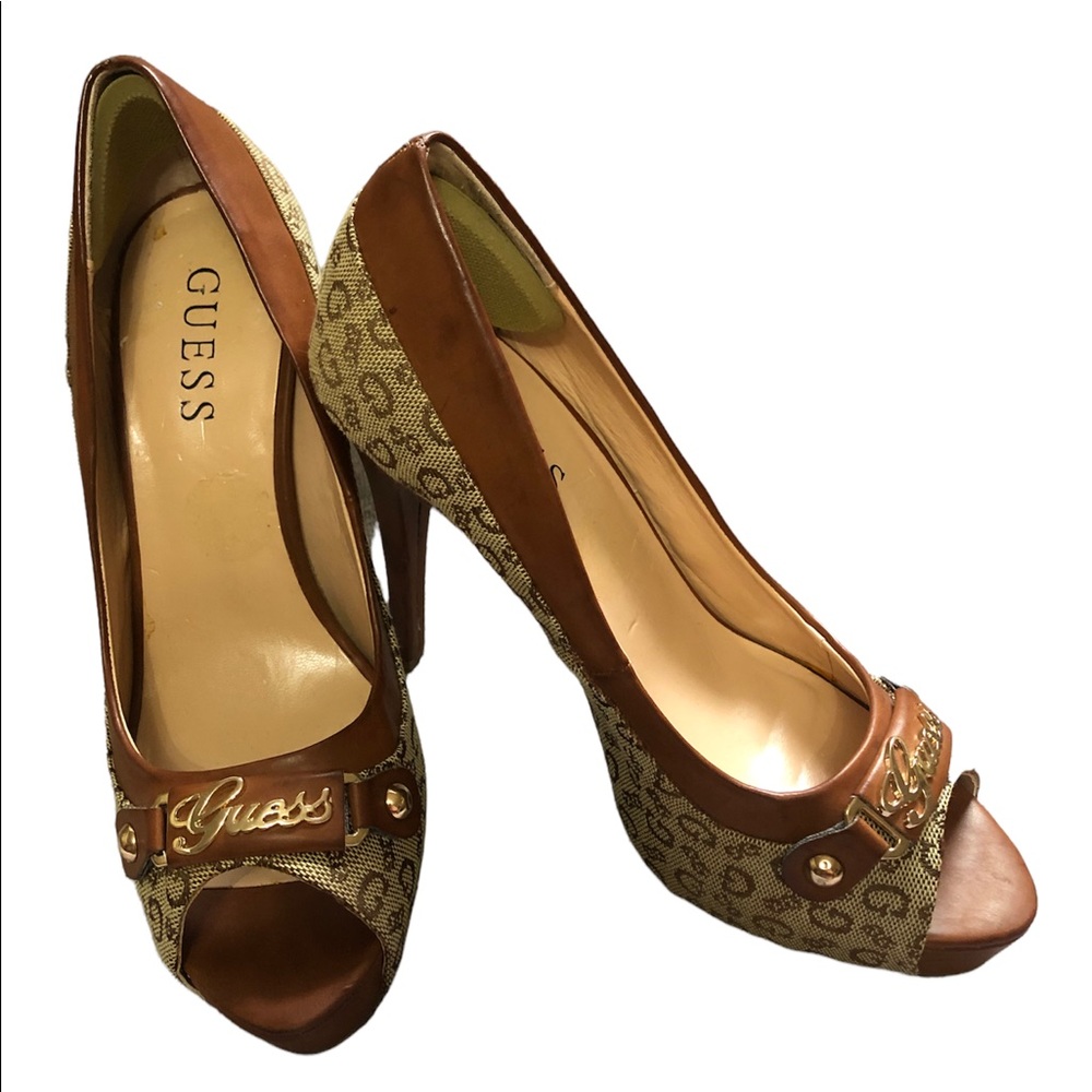 Brown GUESS Print Women's Open Toe Heels Lady Shoe Size 7
